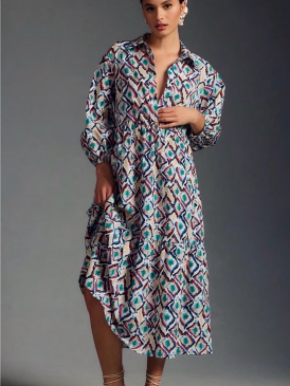 Anthropologie Maeve Bettina Tiered Midi Dress L Ikat Boho Cotton Shirt Dress